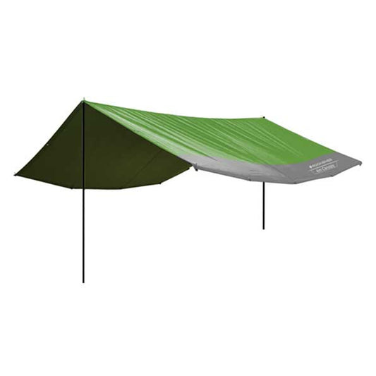 A large outdoor tarp is set up diagonally suspended between poles providing shade overhead with a vibrant green top and gray edge designed for camping or outdoor activities.