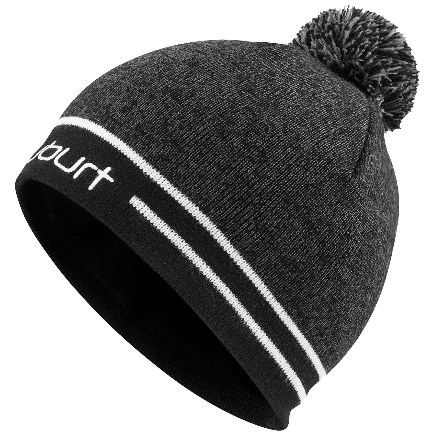 A black knitted beanie with a pom-pom on top features a white stripe and text along the bottom edge, typically worn for warmth in cold outdoor environments.