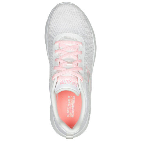 A white sneaker with pink accents is centered in the image showcasing its textured mesh upper and laces sitting neatly while the insole is marked with Skechers Air-Cooled and Go Mat labels.