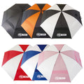 A collection of colorful umbrellas in various patterns stands upright showcasing their fabric designs and logos in a clean, organized layout against a neutral background.