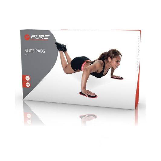 A package labeled "PURE SLIDE PADS" shows a woman performing a push-up on slide pads. She is in a fitness setting, wearing workout attire, focused on her exercise.