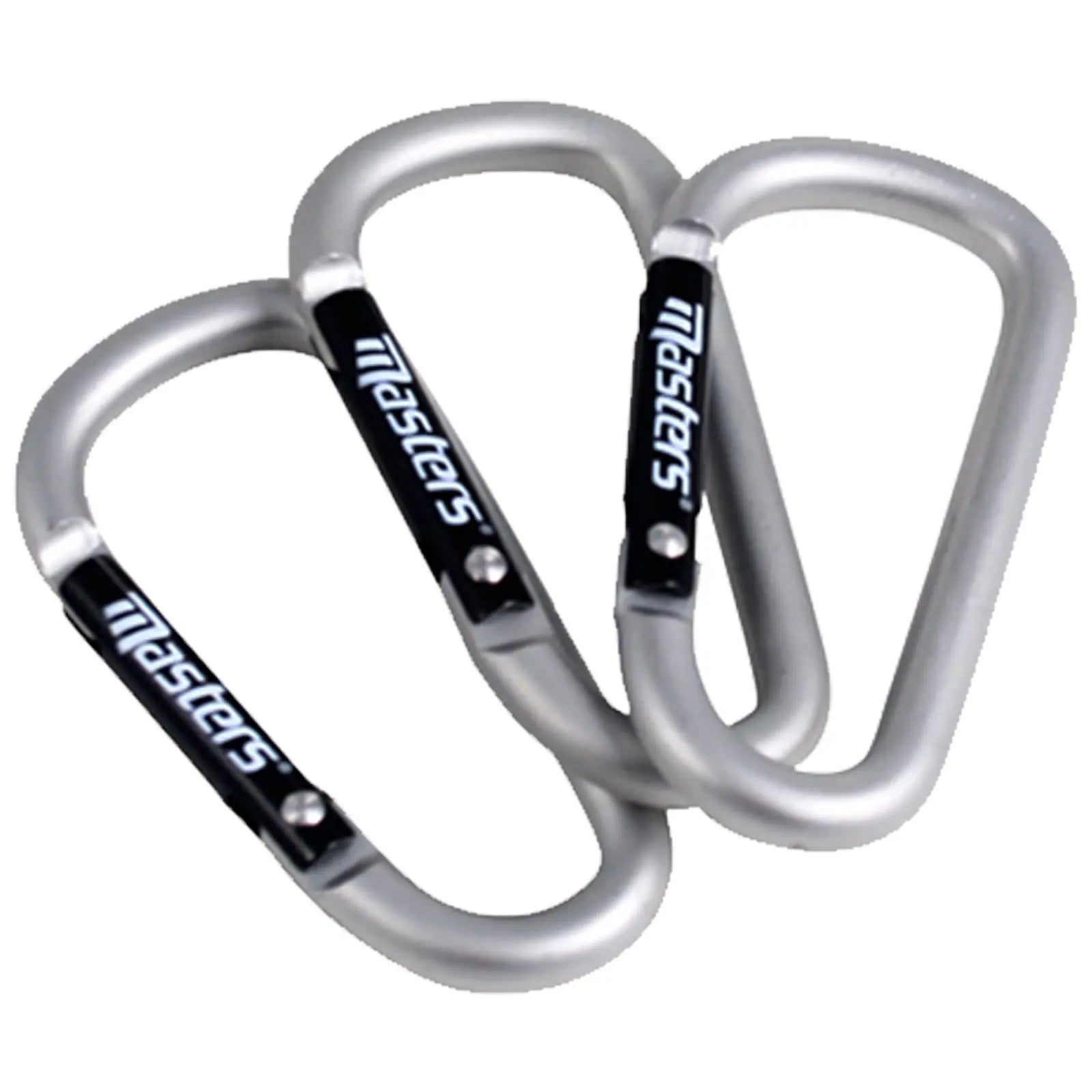 Three aluminum carabiners are positioned closely together. They feature black grips with a brand label. The context implies use in climbing or outdoor activities, showcasing their sturdy design.