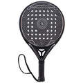 A paddle with a perforated, black surface and a textured grip is designed for control. It features a wrist strap, suitable for padel or racket sports.