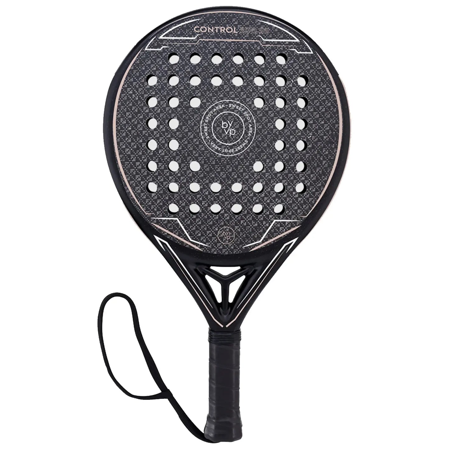 A paddle with a perforated, black surface and a textured grip is designed for control. It features a wrist strap, suitable for padel or racket sports.