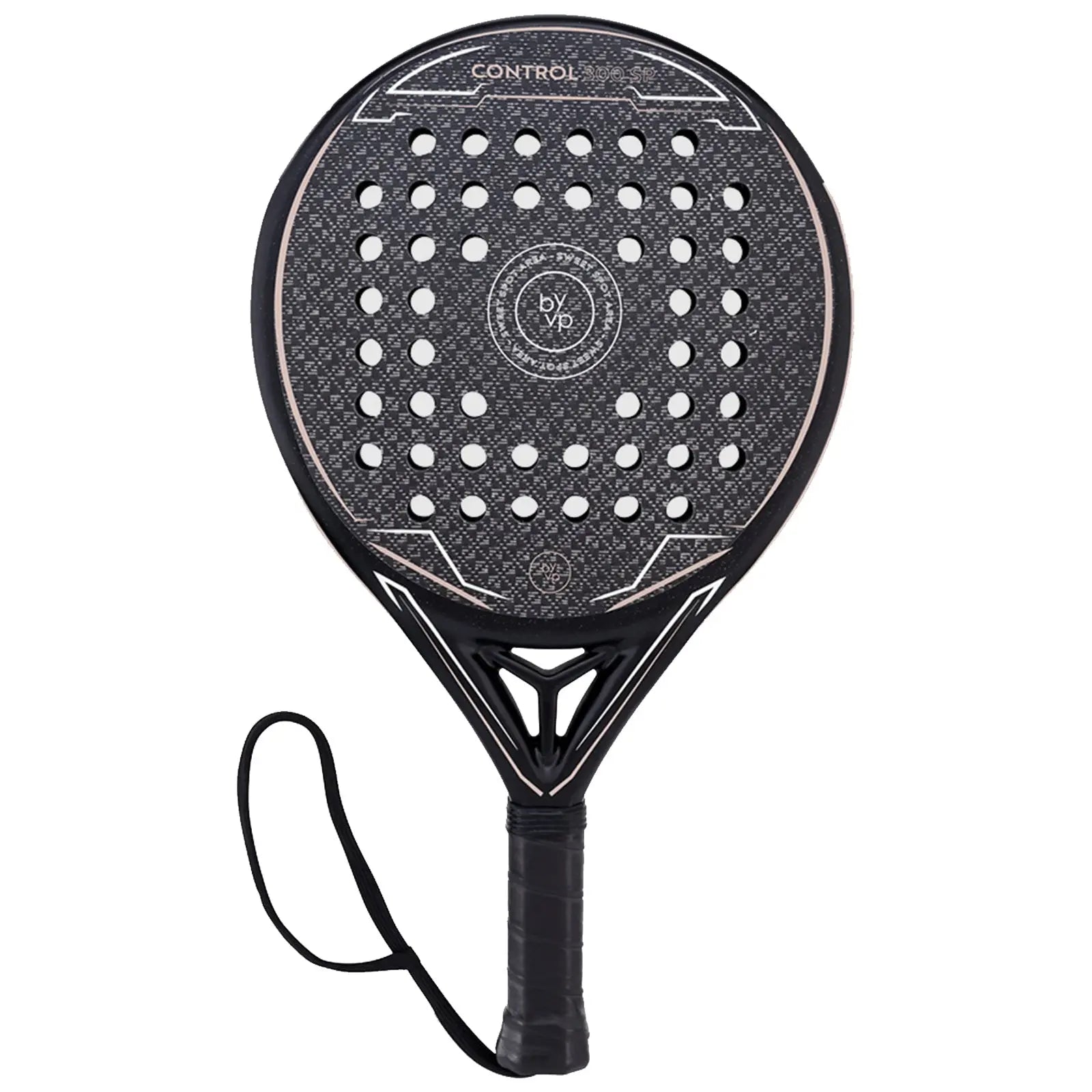 A paddle with a perforated, black surface and a textured grip is designed for control. It features a wrist strap, suitable for padel or racket sports.