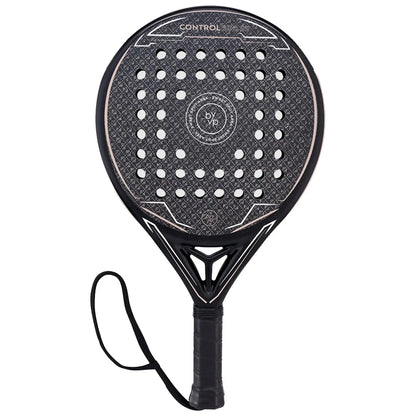 A paddle with a perforated, black surface and a textured grip is designed for control. It features a wrist strap, suitable for padel or racket sports.