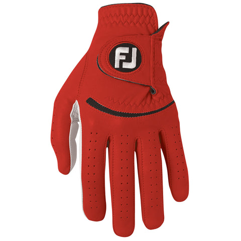 A red golf glove with perforated detailing is displayed open with fingers outstretched and a branded circular logo visible near the wrist area. The palm features a contrasting white section.