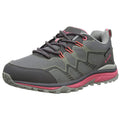 Gray and pink athletic shoe rests with a textured surface and laces secured, designed for outdoor use with a rugged sole, placed against a plain light background.