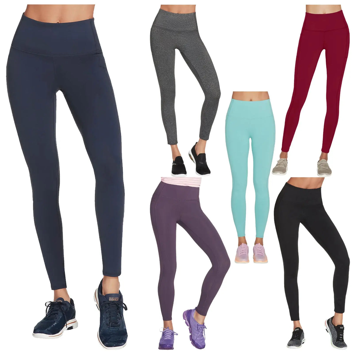 Gray leggings are being worn by a person standing upright showcasing a high waistband and a fitted design paired with black athletic shoes in a neutral background setting.