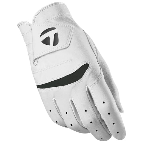 A white golf glove is displayed, positioned open to show its inner surface with ventilation holes. The background is neutral, focusing attention on the glove's design and texture.