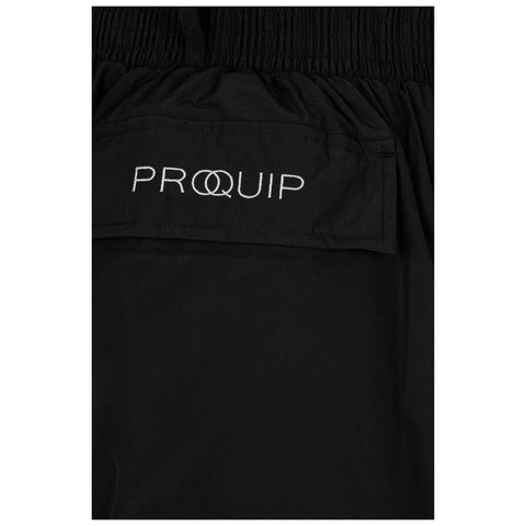 A black garment is displayed with an elastic waistband and a label featuring the word PROQUIP embroidered in white. The background is plain and unobtrusive.