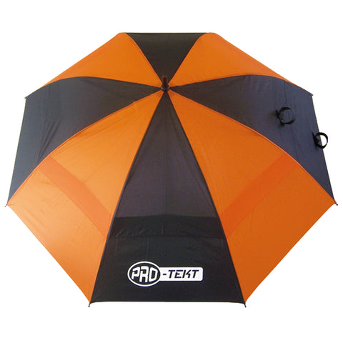 A two-tone umbrella featuring orange and black fabric segments stands upright showcasing its large canopy. It is designed for sun or rain protection likely used outdoors.