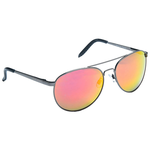 A pair of aviator sunglasses features reflective pink and yellow-tinted lenses with a black metal frame and textured black temple arms designed to be worn outdoors for sun protection.