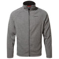 A gray fleece jacket with a high collar and front zipper is displayed. It features a brand logo on the chest and is designed for casual or outdoor wear.