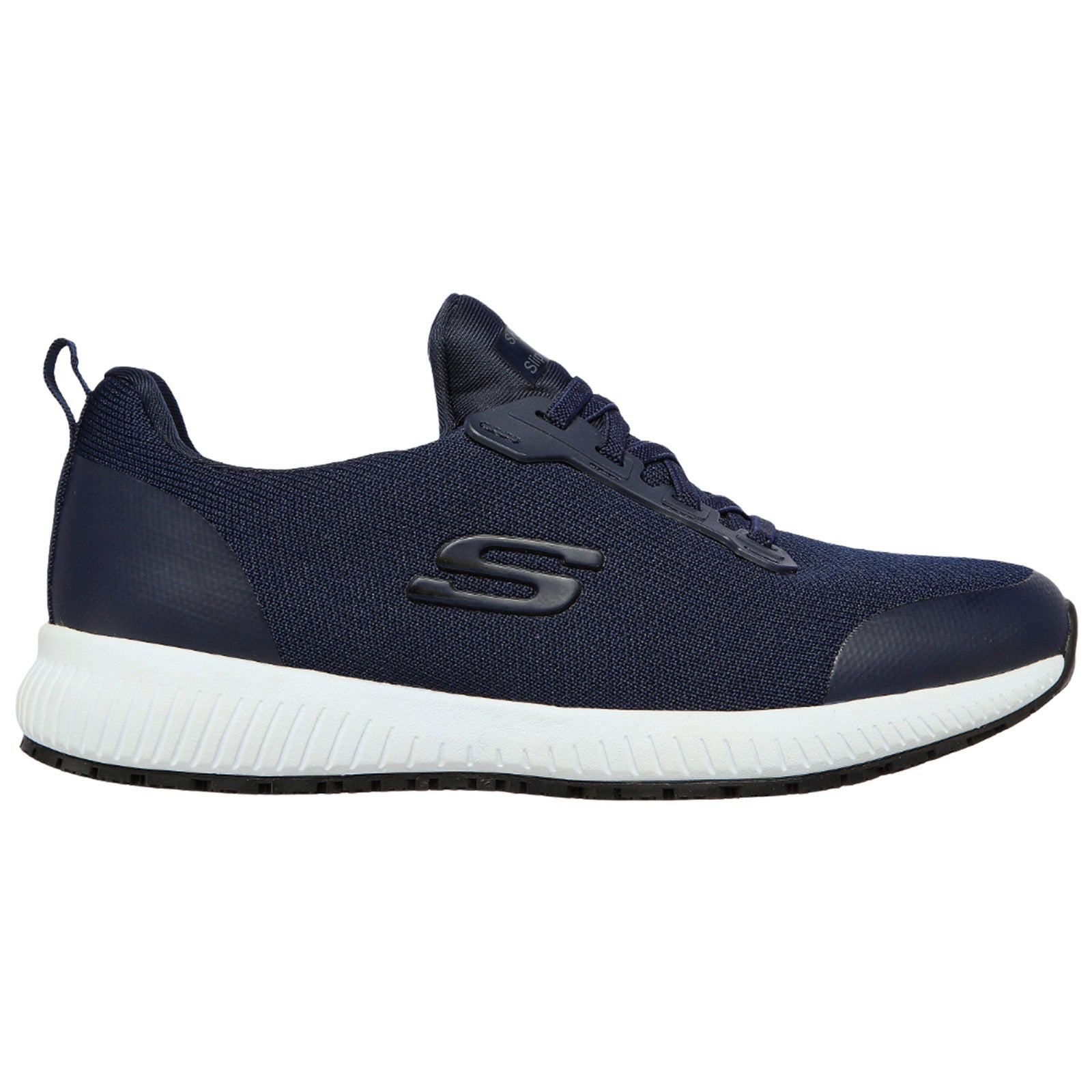 A navy blue athletic shoe features a textured upper, a thick white midsole, and a black outsole. It is displayed from the side against a plain background.