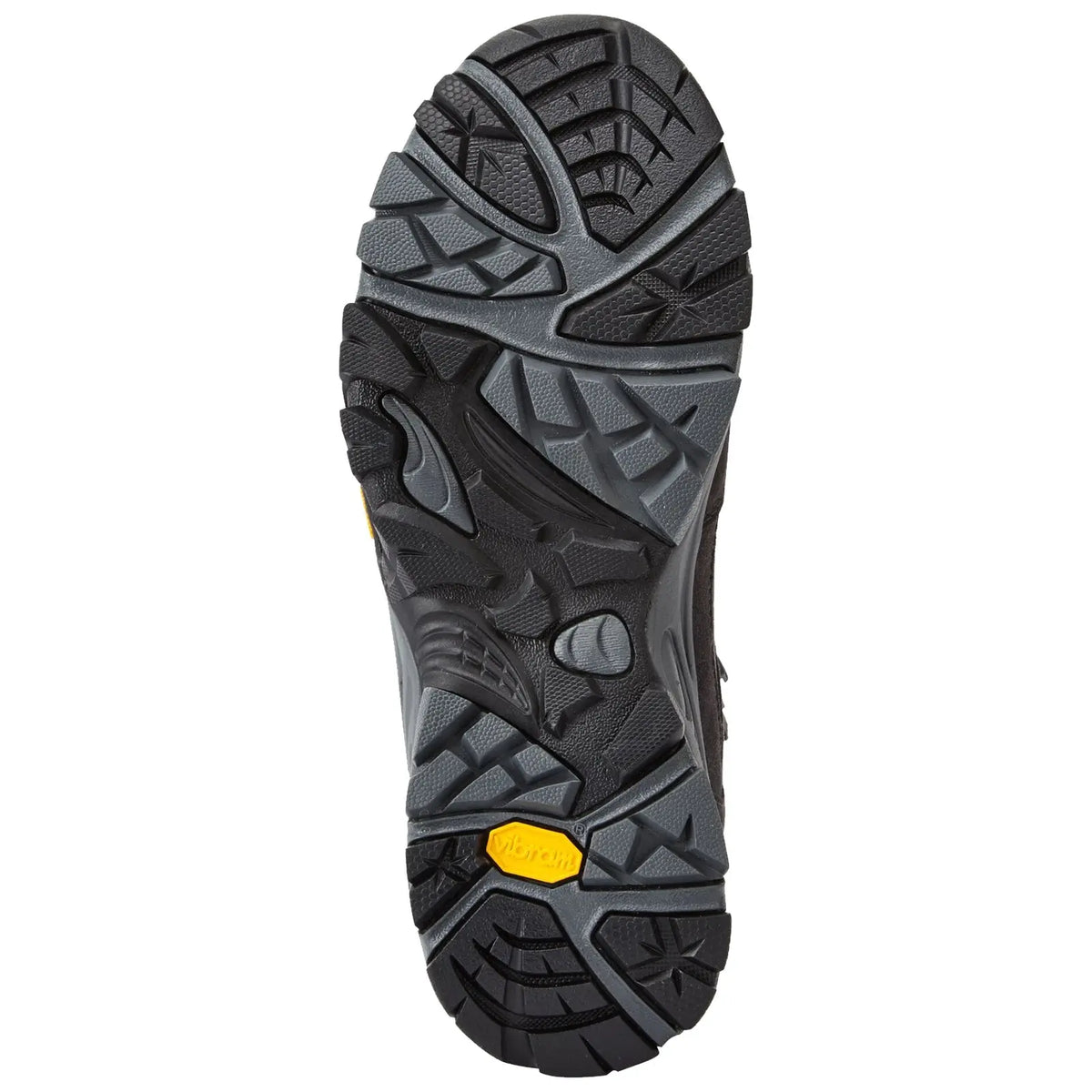 A rugged shoe sole with a textured surface designed for grip facing downwards showcasing various tread patterns and a yellow vibram branding element for enhanced traction on various terrains