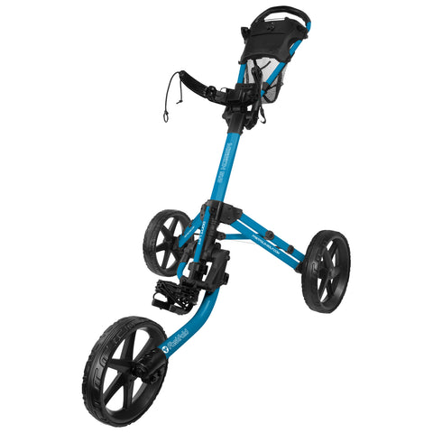 A golf push cart in bright blue features a tall handle with a mesh pocket and three sturdy wheels designed for maneuvering on various terrains while carrying golf equipment.