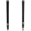 A golf grip stands upright displaying a textured black surface with white branding at the bottom and top edges designed for better traction while swinging in a sporting context.