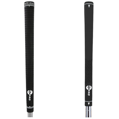 A golf grip stands upright displaying a textured black surface with white branding at the bottom and top edges designed for better traction while swinging in a sporting context.