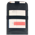 A black scorecard holder with a pencil attached contains a scorecard displaying numbered rows and columns for golf scores and handicaps in red and blue text.