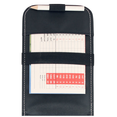 A black scorecard holder with a pencil attached contains a scorecard displaying numbered rows and columns for golf scores and handicaps in red and blue text.