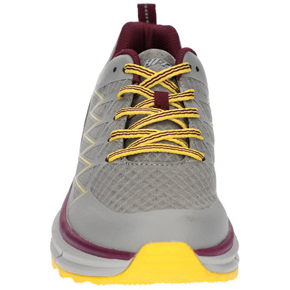 A gray athletic shoe showcases a mesh upper with yellow and maroon laces prominently displayed at the center. The shoe features a textured surface and a bright yellow outsole.
