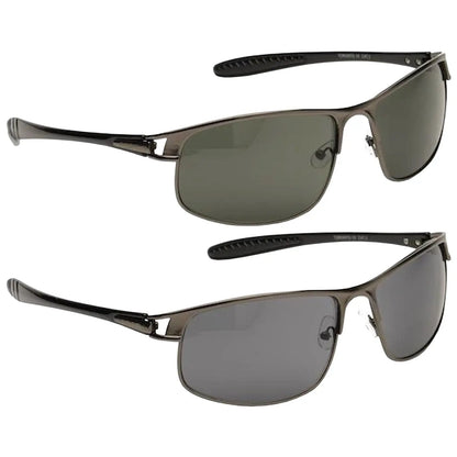 Two pairs of sunglasses are displayed one on top of the other the top pair has green lenses and the bottom pair has gray lenses both have a sleek metallic frame and black temples