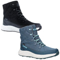 Two pairs of insulated hiking boots are displayed side by side one in black and one in dark blue both featuring quilted designs waterproof materials and rubber soles suitable for outdoor activities.