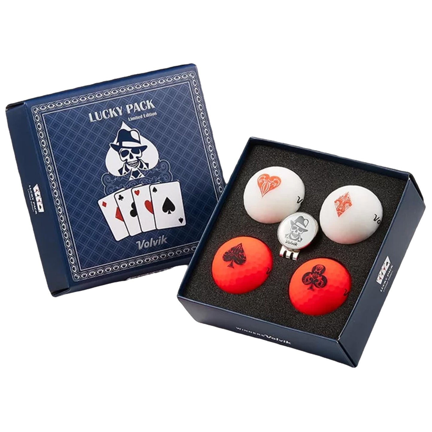 A boxed set contains four golf balls and one ball marker featuring various playing card designs The balls are arranged on a soft black surface inside a decorative case