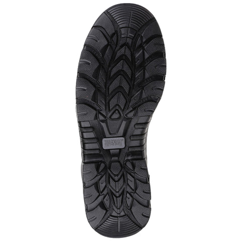 A black shoe sole lies flat showing detailed tread patterns designed for traction and stability in outdoor or rugged environments highlighting its functionality for various activities