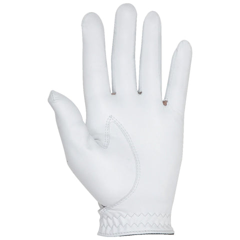 A white glove is displayed with fingers extended. It features a stitched design and a snug wrist. The context suggests it is intended for sports or protective use.