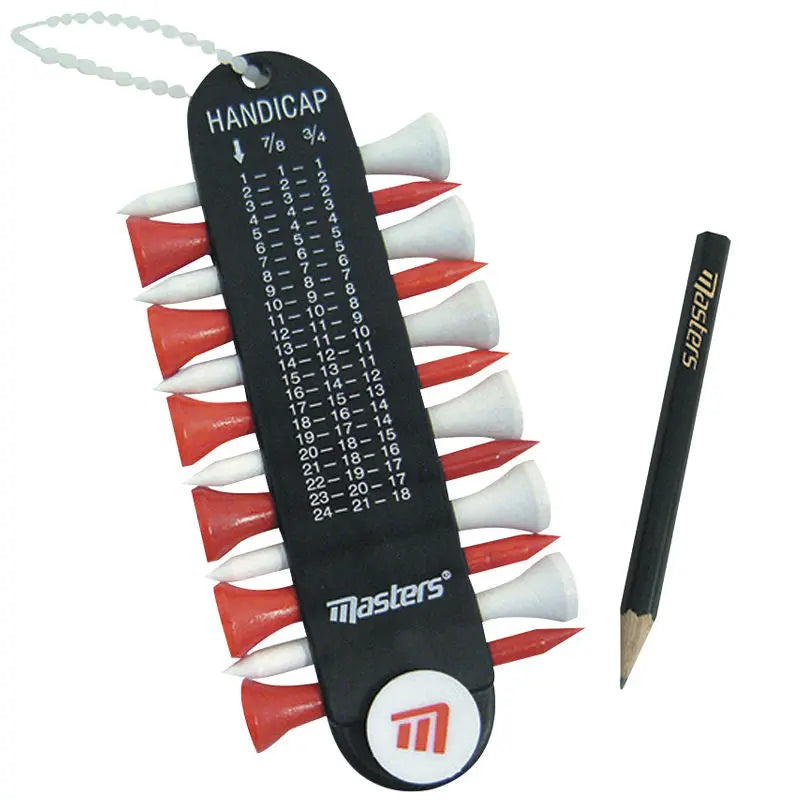 A golf scoring accessory displays a numbered handicap chart alongside a row of white and red tees and a black pencil indicating use for tracking scores on the golf course.