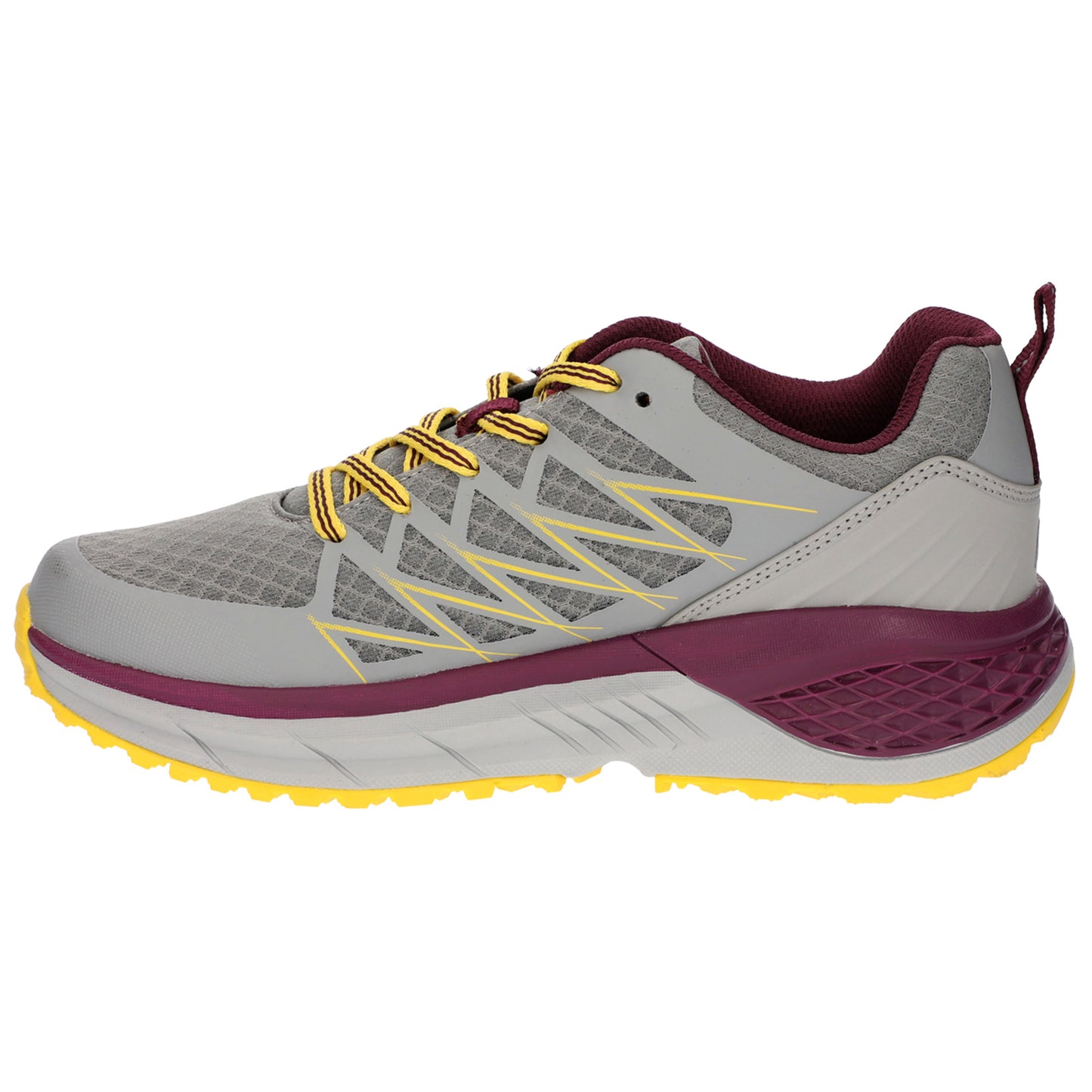 Gray athletic shoe with yellow and maroon accents sits alone showcasing a mesh upper and textured sole designed for stability and traction ideal for outdoor activities.
