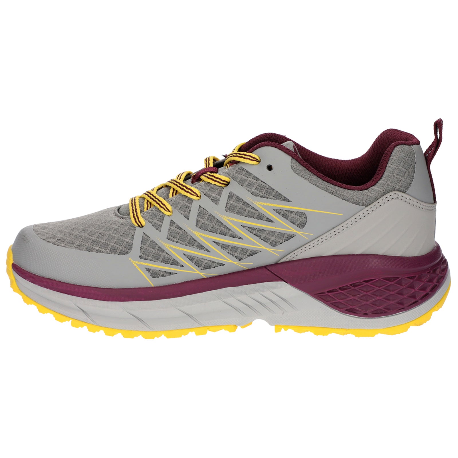 Gray athletic shoe with yellow and maroon accents sits alone showcasing a mesh upper and textured sole designed for stability and traction ideal for outdoor activities.