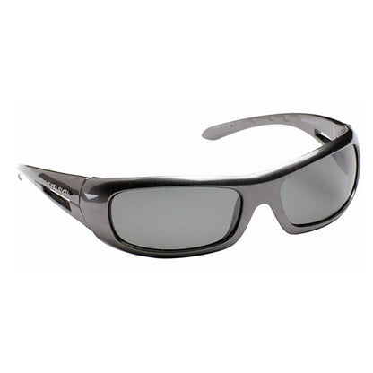 A pair of sleek black sunglasses rests with dark lenses reflecting light showcasing a modern design ideal for outdoor activities or sunny environments. The frame appears sturdy and lightweight.