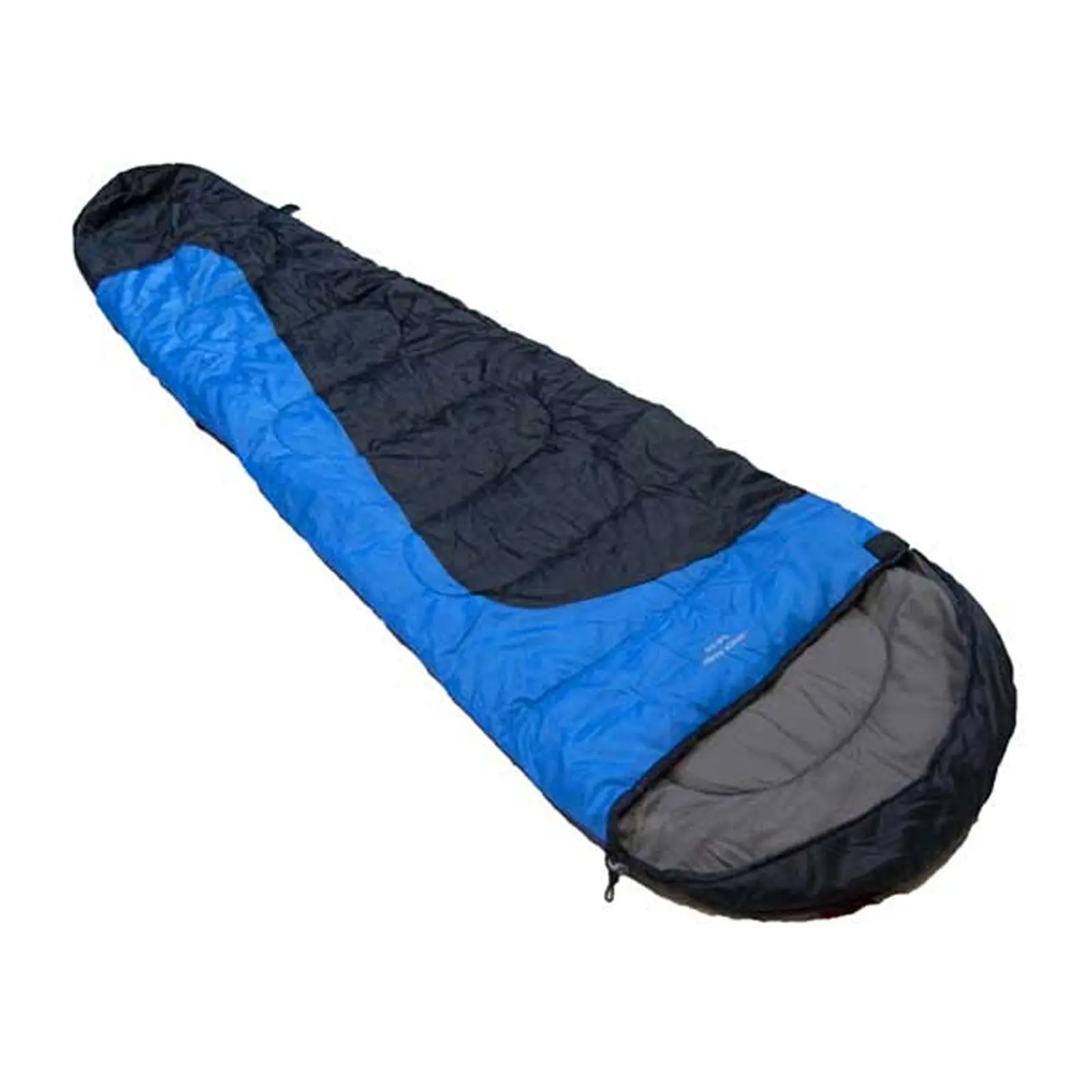 A colorful sleeping bag lies flat showcasing a blue and black exterior its zipper is partially unzipped ready for use in a camping or outdoor setting.
