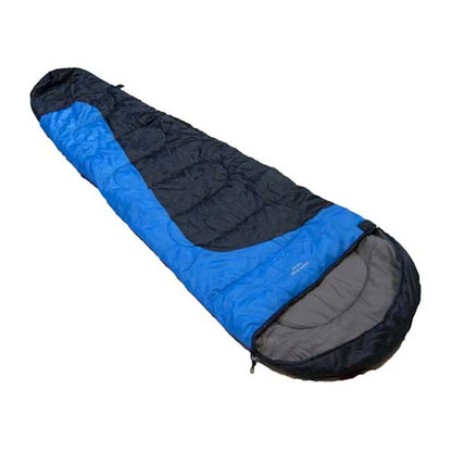 A colorful sleeping bag lies flat showcasing a blue and black exterior its zipper is partially unzipped ready for use in a camping or outdoor setting.