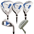A set of golf clubs is displayed including a driver a fairway wood a hybrid an iron and a putter all featuring a shiny design with blue and silver accents and the brand name Ben Sayers.