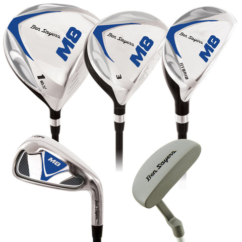 A set of golf clubs is displayed including a driver a fairway wood a hybrid an iron and a putter all branded with Ben Sayers and featuring a blue and silver design.