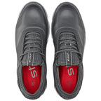 Two grey athletic shoes are positioned side by side for display featuring laces and a textured design the insoles are red and labeled with a logo indicating brand identity.