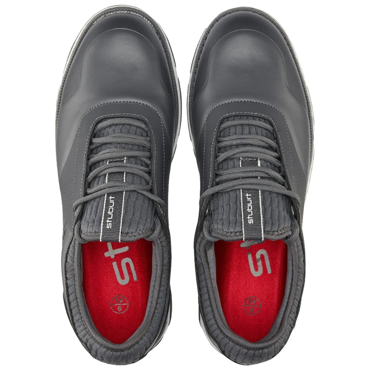 Two grey athletic shoes are positioned side by side for display featuring laces and a textured design the insoles are red and labeled with a logo indicating brand identity.