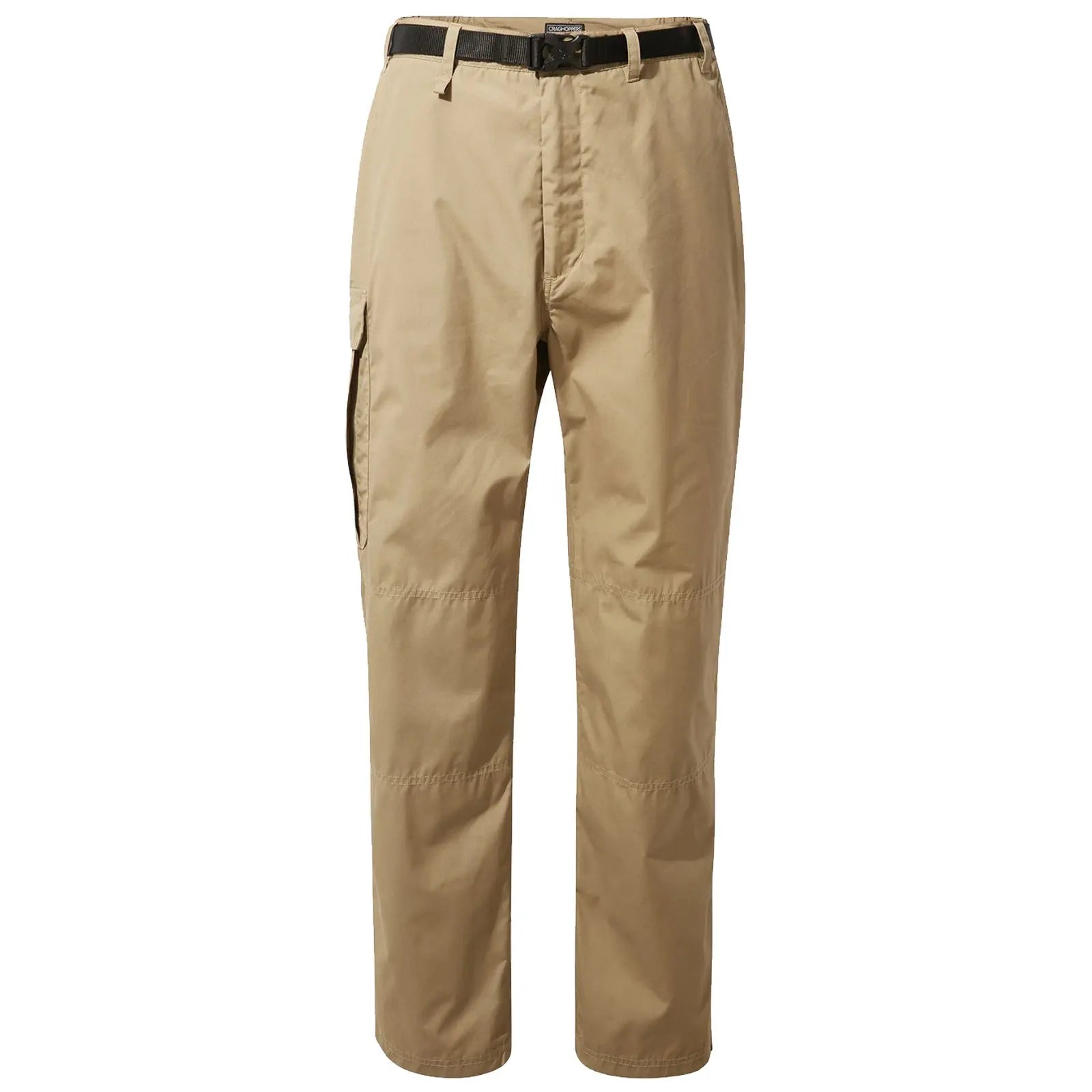 Beige cargo pants hang vertically featuring a belt and multiple pockets designed for outdoor or casual wear suitable for various activities such as hiking or traveling.