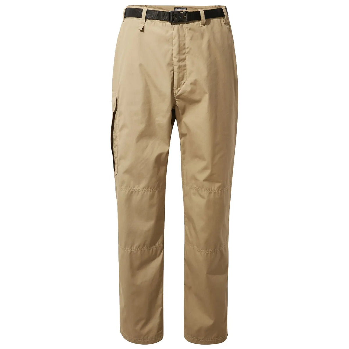 Beige cargo pants hang vertically featuring a belt and multiple pockets designed for outdoor or casual wear suitable for various activities such as hiking or traveling.