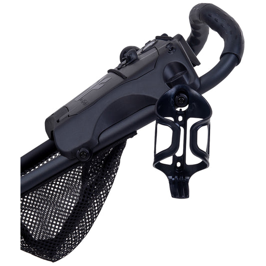 A black stroller handle is visible featuring a storage net underneath and a cup holder attached to the side designed for carrying beverages while strolling through various environments.