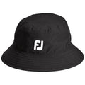 A black bucket hat with a white logo is displayed prominently on a plain background demonstrating a simple yet functional design for casual wear or outdoor activities.