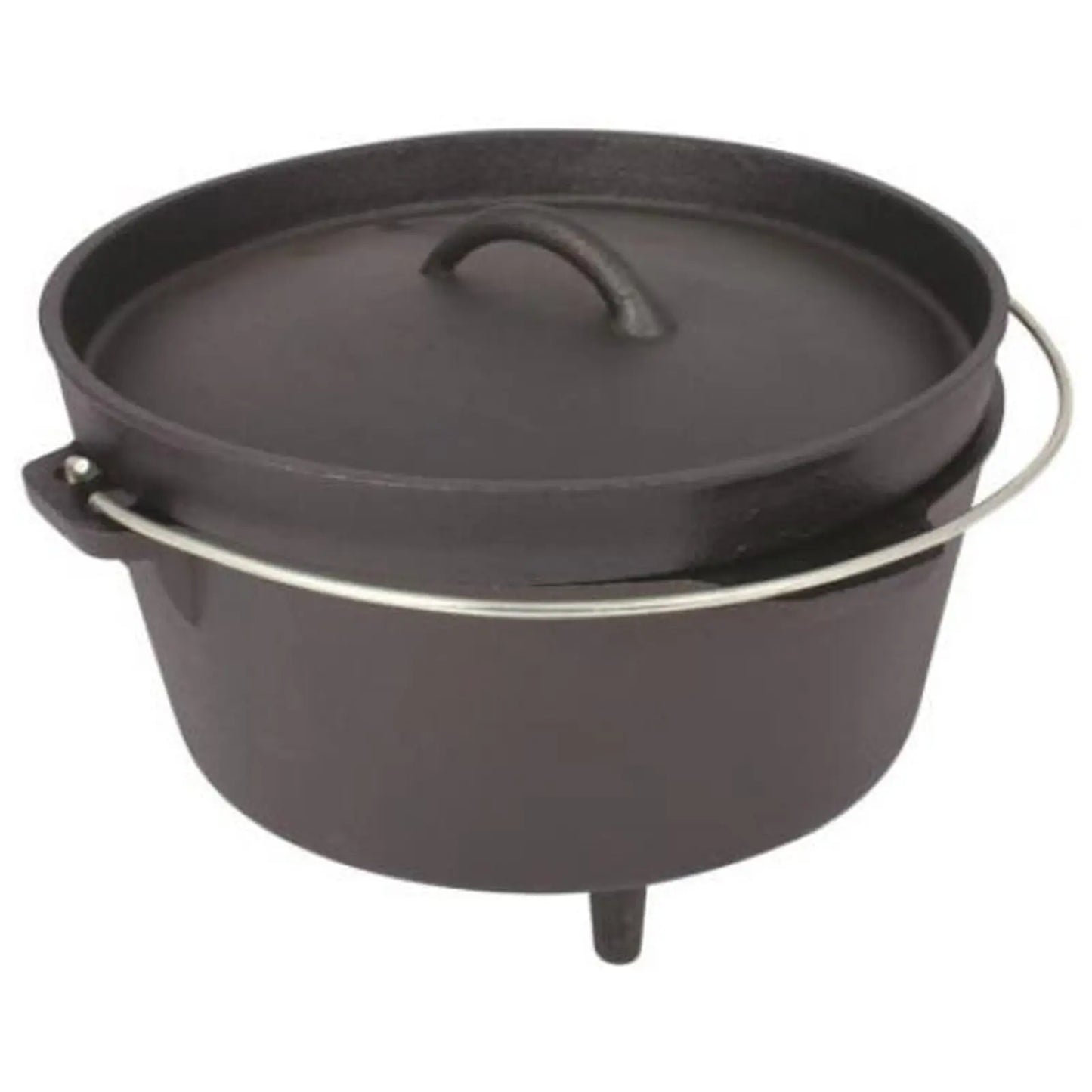 A black cast iron Dutch oven with a lid and a metal handle sits upright. Its sturdy design suggests it's suitable for cooking over an open flame or in an oven.