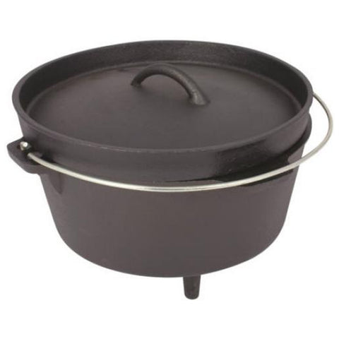 A black cast iron Dutch oven with a lid and a metal handle sits upright. Its sturdy design suggests it's suitable for cooking over an open flame or in an oven.