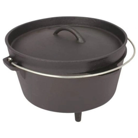 A black cast iron Dutch oven with a lid and a metal handle sits upright. Its sturdy design suggests it's suitable for cooking over an open flame or in an oven.