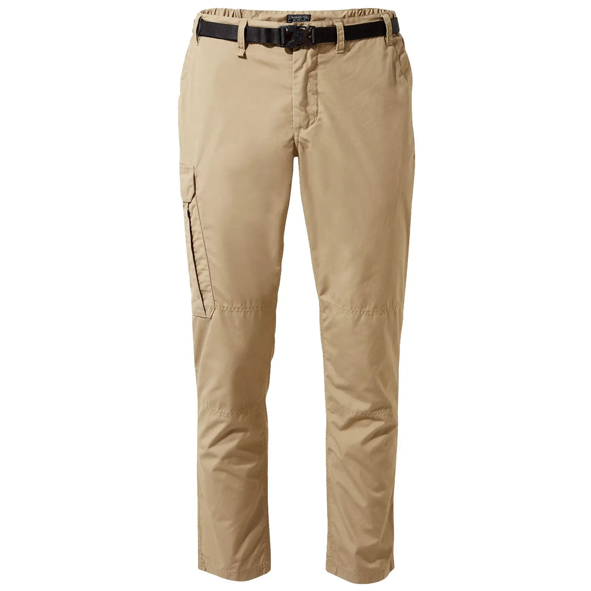 Beige cargo pants with a belt feature a side pocket and a tapered fit suitable for outdoor activities in casual or rugged environments. The fabric appears lightweight and durable.