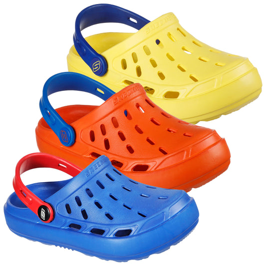 Three pairs of colorful clogs with perforations sit side by side. They are yellow, orange, and blue, featuring a back strap for secure wear. The background is plain. Skechers Junior Foamies Swifters Kids Slip On Clogs 400064L